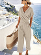 Women's Two Pieces Set Fashion Solid Color Irregular Short Sleeve Suit Summer Fashion V Neck Slim Office Suit Casual Pleated Irregular Top And Pants Female Outfit