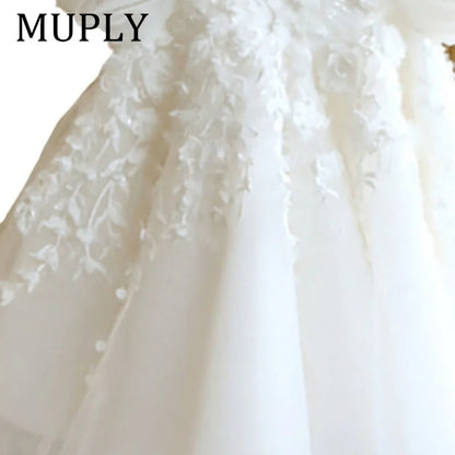 Princess Flower Girl Dress For Wedding White Tulle Applique Puffy With Bow Cute Kids Baby Pageant Birthday Party Dress Ball Gown