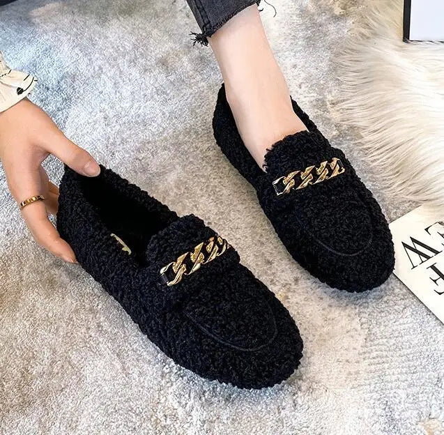 Plus Size Women Shearling Flats Furry Lambswool Mocasines Mujer Warm Cotton Shoes Ladies Slip On Sheep Fur Lined Loafers Winter