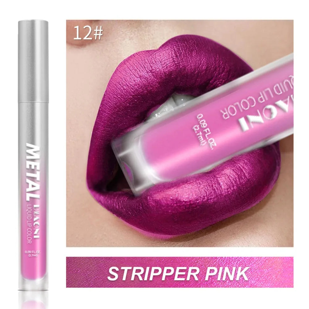 12 Color Diamond Metallic Shine Liquid Lipstick Pearlescent Waterproof Glitter Lip Gloss Smudge Proof Glamorous Lip Makeup