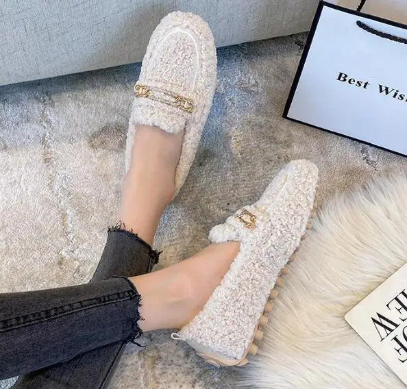Plus Size Women Shearling Flats Furry Lambswool Mocasines Mujer Warm Cotton Shoes Ladies Slip On Sheep Fur Lined Loafers Winter