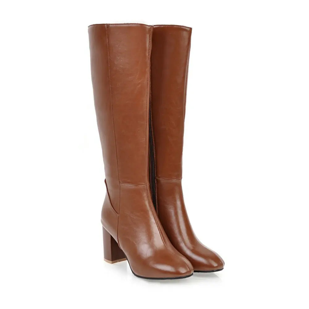Fashion Brown Winter Women's Knee High Boots PU Leather Block High Heels Tall Long Boot Female Zipper Ladies Shoes Elegant 2025