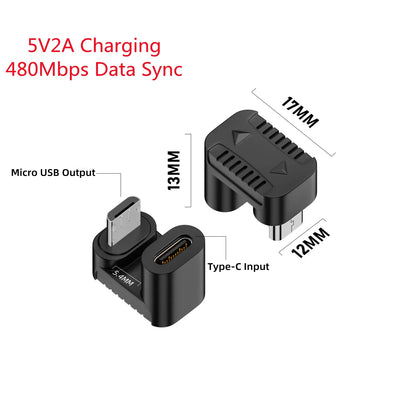 USB 2.0 Type-C Female To Micro-USB Male 90 Degree Left/Right Angle U Shape 5V2A Charging Connector for Android Phone Tablets