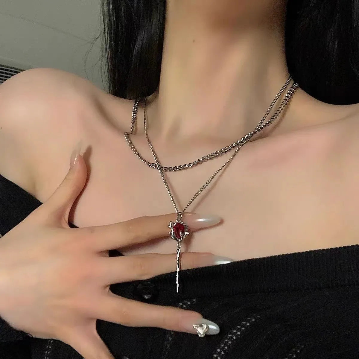 Y2K Accessories Fashion Red Crystal Heart Pendant Necklace Chian Egirl Sweet Cool Clavicle Chain Aesthetic Jewelry N0457