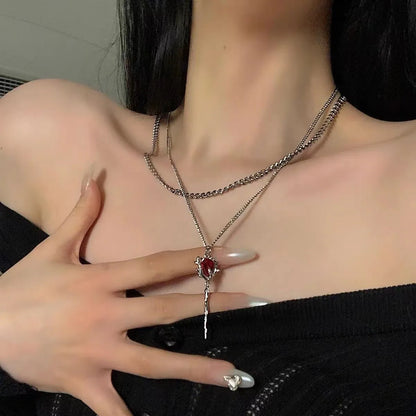 Y2K Accessories Fashion Red Crystal Heart Pendant Necklace Chian Egirl Sweet Cool Clavicle Chain Aesthetic Jewelry N0457