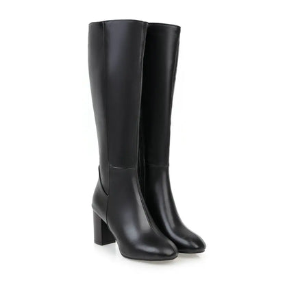Fashion Brown Winter Women's Knee High Boots PU Leather Block High Heels Tall Long Boot Female Zipper Ladies Shoes Elegant 2025