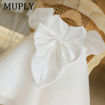 Princess Flower Girl Dress For Wedding White Tulle Applique Puffy With Bow Cute Kids Baby Pageant Birthday Party Dress Ball Gown