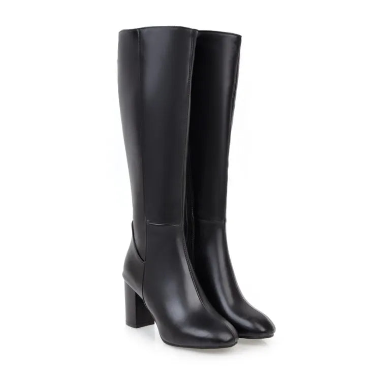 Fashion Brown Winter Women's Knee High Boots PU Leather Block High Heels Tall Long Boot Female Zipper Ladies Shoes Elegant 2025