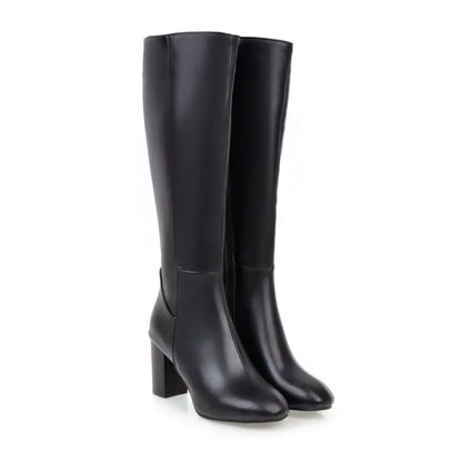 Fashion Brown Winter Women's Knee High Boots PU Leather Block High Heels Tall Long Boot Female Zipper Ladies Shoes Elegant 2025
