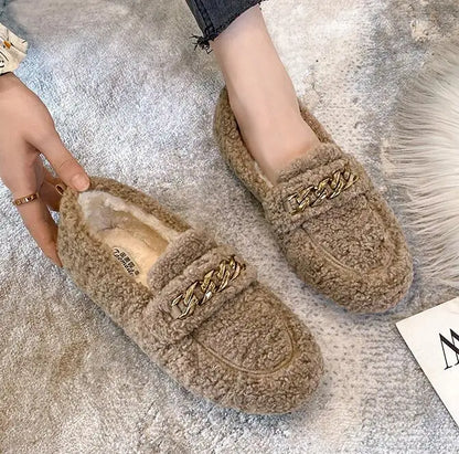 Plus Size Women Shearling Flats Furry Lambswool Mocasines Mujer Warm Cotton Shoes Ladies Slip On Sheep Fur Lined Loafers Winter