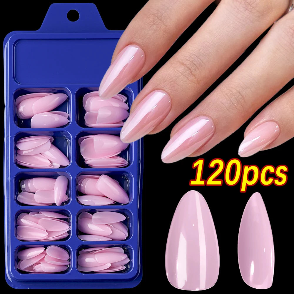120/100Pcs Almond Fake Nails Extension Wearable Full Cover False Nail Solid Color Mid-length Stiletto/Square Press on Nails