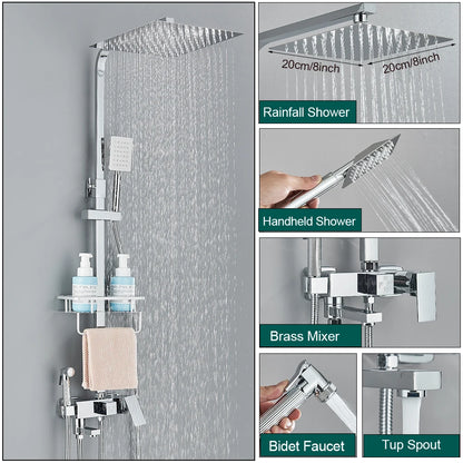 Shower Faucet Set Rainfall 3/4-ways Bathtub Tap With Bathroom Shelf Height Adjust Brass Mixer Crane Hot Cold Water Systems