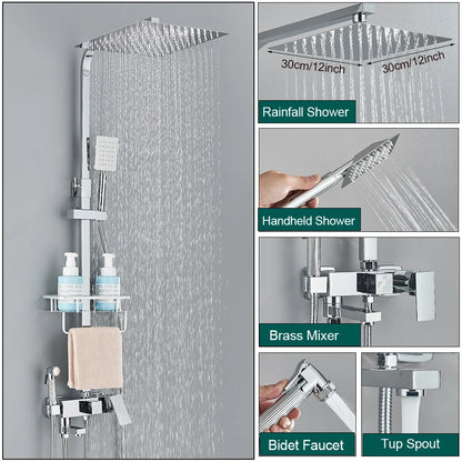 Shower Faucet Set Rainfall 3/4-ways Bathtub Tap With Bathroom Shelf Height Adjust Brass Mixer Crane Hot Cold Water Systems