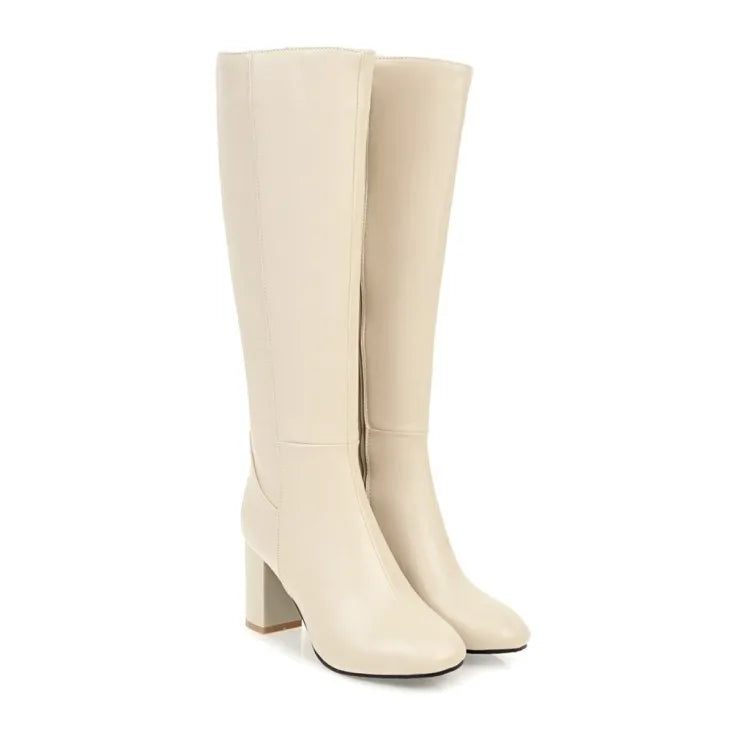 Fashion Brown Winter Women's Knee High Boots PU Leather Block High Heels Tall Long Boot Female Zipper Ladies Shoes Elegant 2025