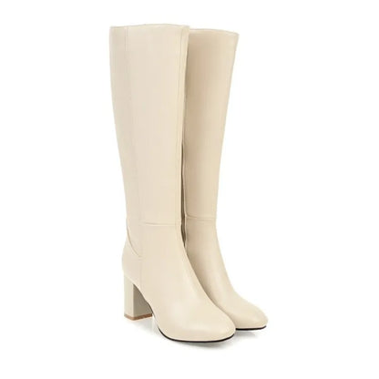 Fashion Brown Winter Women's Knee High Boots PU Leather Block High Heels Tall Long Boot Female Zipper Ladies Shoes Elegant 2025