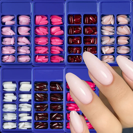 120/100Pcs Almond Fake Nails Extension Wearable Full Cover False Nail Solid Color Mid-length Stiletto/Square Press on Nails