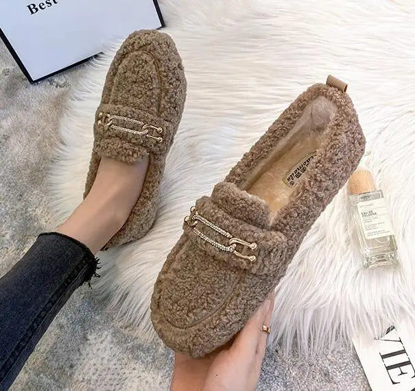 Plus Size Women Shearling Flats Furry Lambswool Mocasines Mujer Warm Cotton Shoes Ladies Slip On Sheep Fur Lined Loafers Winter