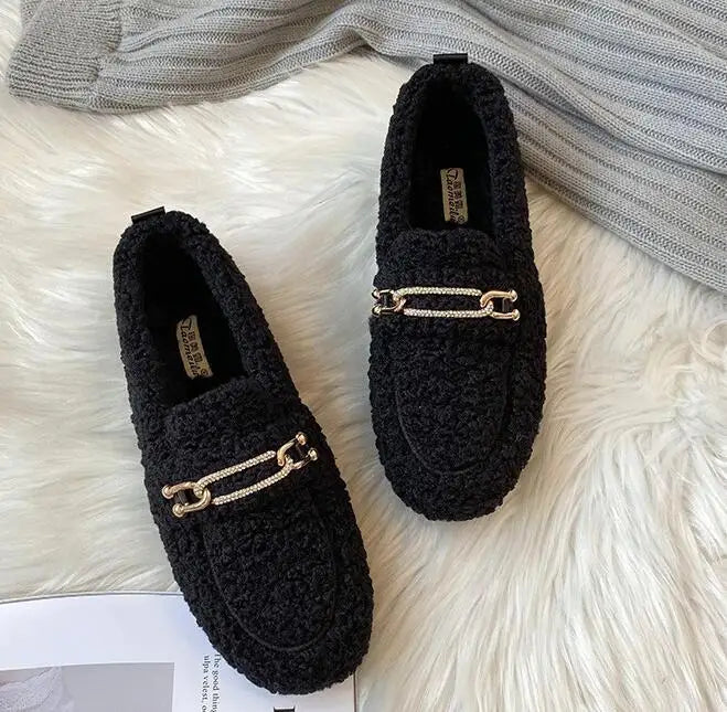 Plus Size Women Shearling Flats Furry Lambswool Mocasines Mujer Warm Cotton Shoes Ladies Slip On Sheep Fur Lined Loafers Winter
