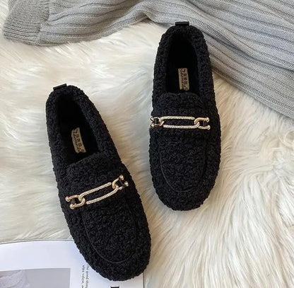 Plus Size Women Shearling Flats Furry Lambswool Mocasines Mujer Warm Cotton Shoes Ladies Slip On Sheep Fur Lined Loafers Winter