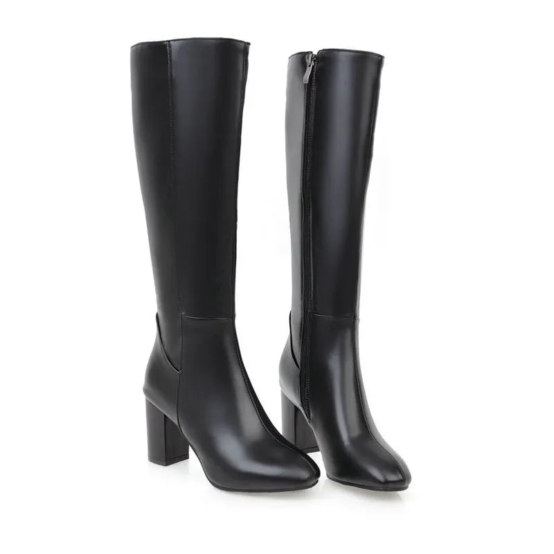 Fashion Brown Winter Women's Knee High Boots PU Leather Block High Heels Tall Long Boot Female Zipper Ladies Shoes Elegant 2025