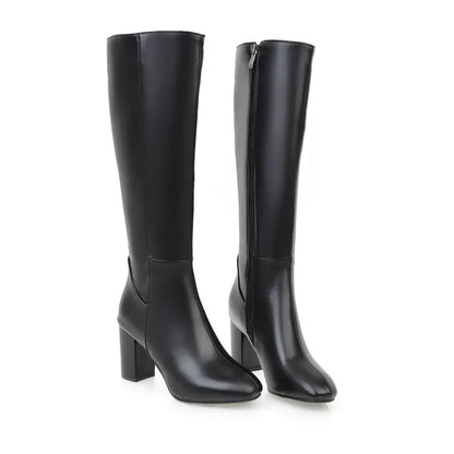 Fashion Brown Winter Women's Knee High Boots PU Leather Block High Heels Tall Long Boot Female Zipper Ladies Shoes Elegant 2025