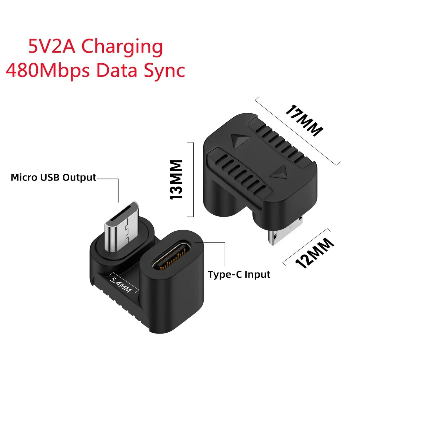 USB 2.0 Type-C Female To Micro-USB Male 90 Degree Left/Right Angle U Shape 5V2A Charging Connector for Android Phone Tablets