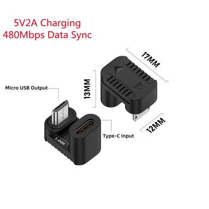 USB 2.0 Type-C Female To Micro-USB Male 90 Degree Left/Right Angle U Shape 5V2A Charging Connector for Android Phone Tablets