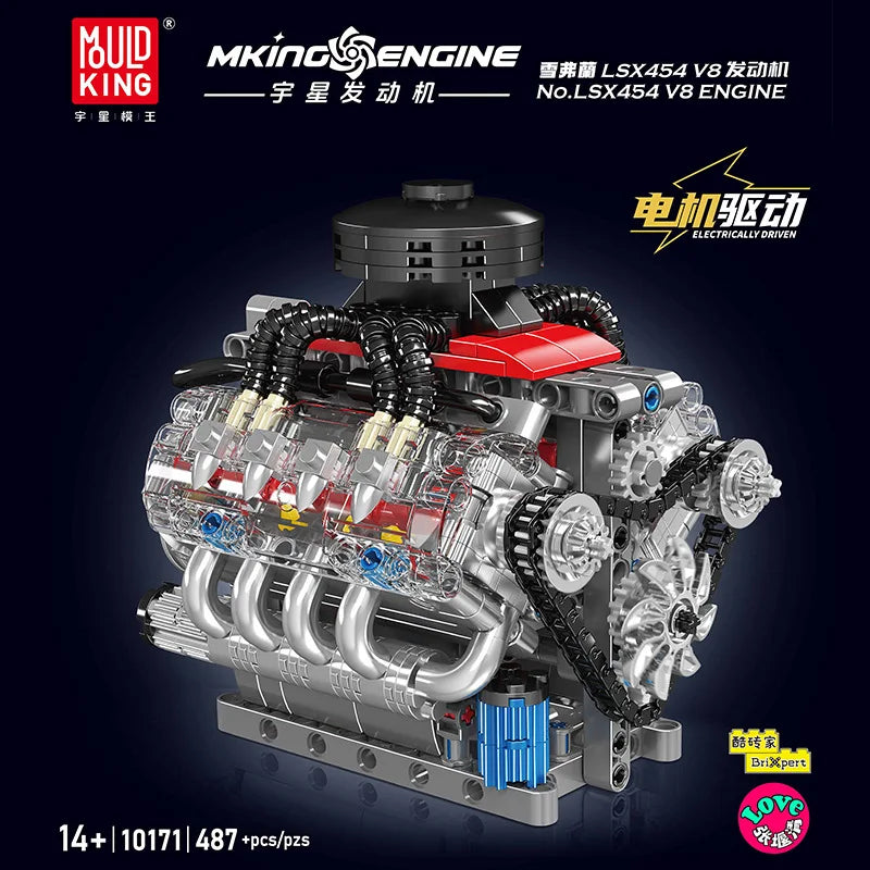 Mould King 10171 LSX454 V8 Engine Motorized Simulation Model Electrically Drive Building Blocks Technical Car Parts Toys Gift