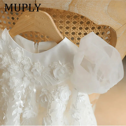 Princess Flower Girl Dress For Wedding White Tulle Applique Puffy With Bow Cute Kids Baby Pageant Birthday Party Dress Ball Gown
