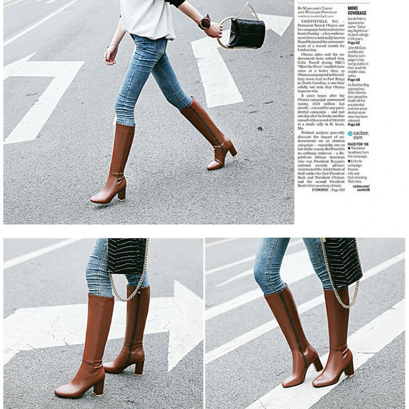 Fashion Brown Winter Women's Knee High Boots PU Leather Block High Heels Tall Long Boot Female Zipper Ladies Shoes Elegant 2025