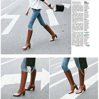 Fashion Brown Winter Women's Knee High Boots PU Leather Block High Heels Tall Long Boot Female Zipper Ladies Shoes Elegant 2025