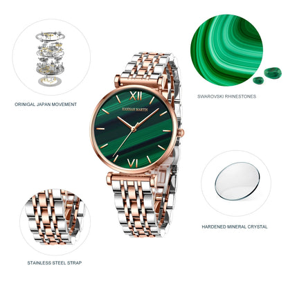 Women Fashion Casual Watches Green Malachite Dial Ladies Japanese Quartz Wristwatch Stainless Steel Strap Waterproof Watches