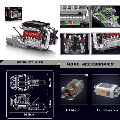 Mould King LSX454 V8 V12 W12 Engine Motorized Simulation Model Electrically Drive Building Blocks Technical Car Parts Toys Gift