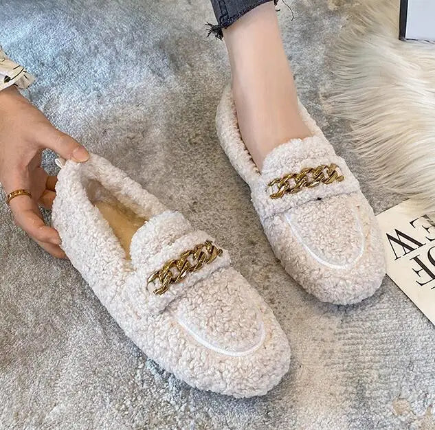 Plus Size Women Shearling Flats Furry Lambswool Mocasines Mujer Warm Cotton Shoes Ladies Slip On Sheep Fur Lined Loafers Winter