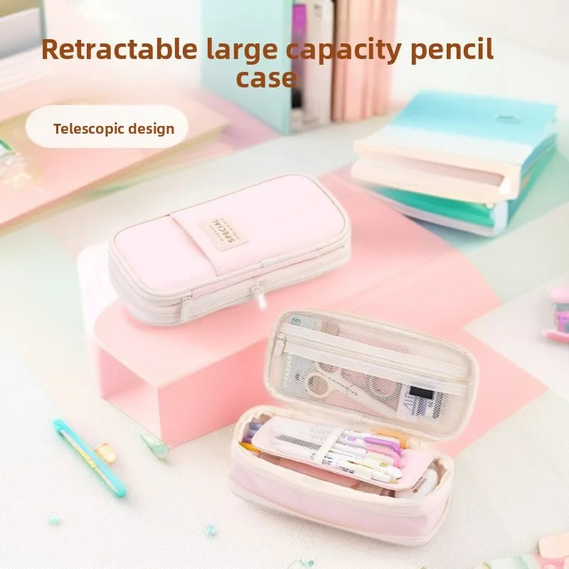 Japanese and Korean style pencil case Large capacity Macaron color matching telescopic canvas pencil case can be turned into sim