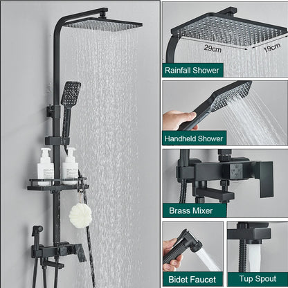 Shower Faucet Set Rainfall 3/4-ways Bathtub Tap With Bathroom Shelf Height Adjust Brass Mixer Crane Hot Cold Water Systems