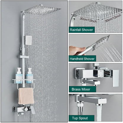 Shower Faucet Set Rainfall 3/4-ways Bathtub Tap With Bathroom Shelf Height Adjust Brass Mixer Crane Hot Cold Water Systems