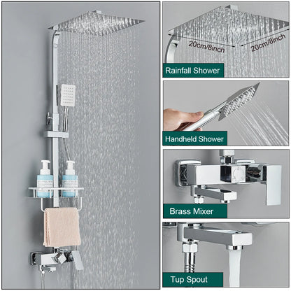 Shower Faucet Set Rainfall 3/4-ways Bathtub Tap With Bathroom Shelf Height Adjust Brass Mixer Crane Hot Cold Water Systems