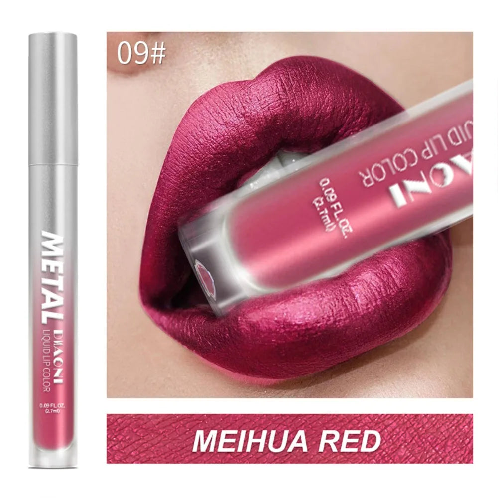 12 Color Diamond Metallic Shine Liquid Lipstick Pearlescent Waterproof Glitter Lip Gloss Smudge Proof Glamorous Lip Makeup