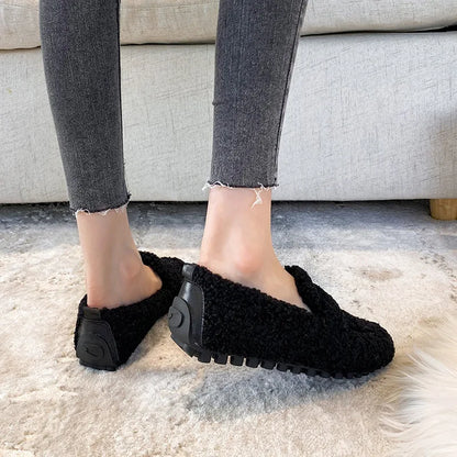 Plus Size Women Shearling Flats Furry Lambswool Mocasines Mujer Warm Cotton Shoes Ladies Slip On Sheep Fur Lined Loafers Winter