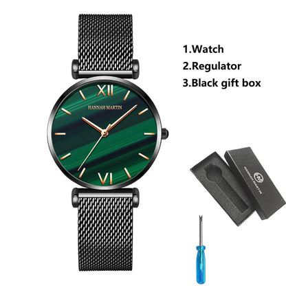 Women Fashion Casual Watches Green Malachite Dial Ladies Japanese Quartz Wristwatch Stainless Steel Strap Waterproof Watches