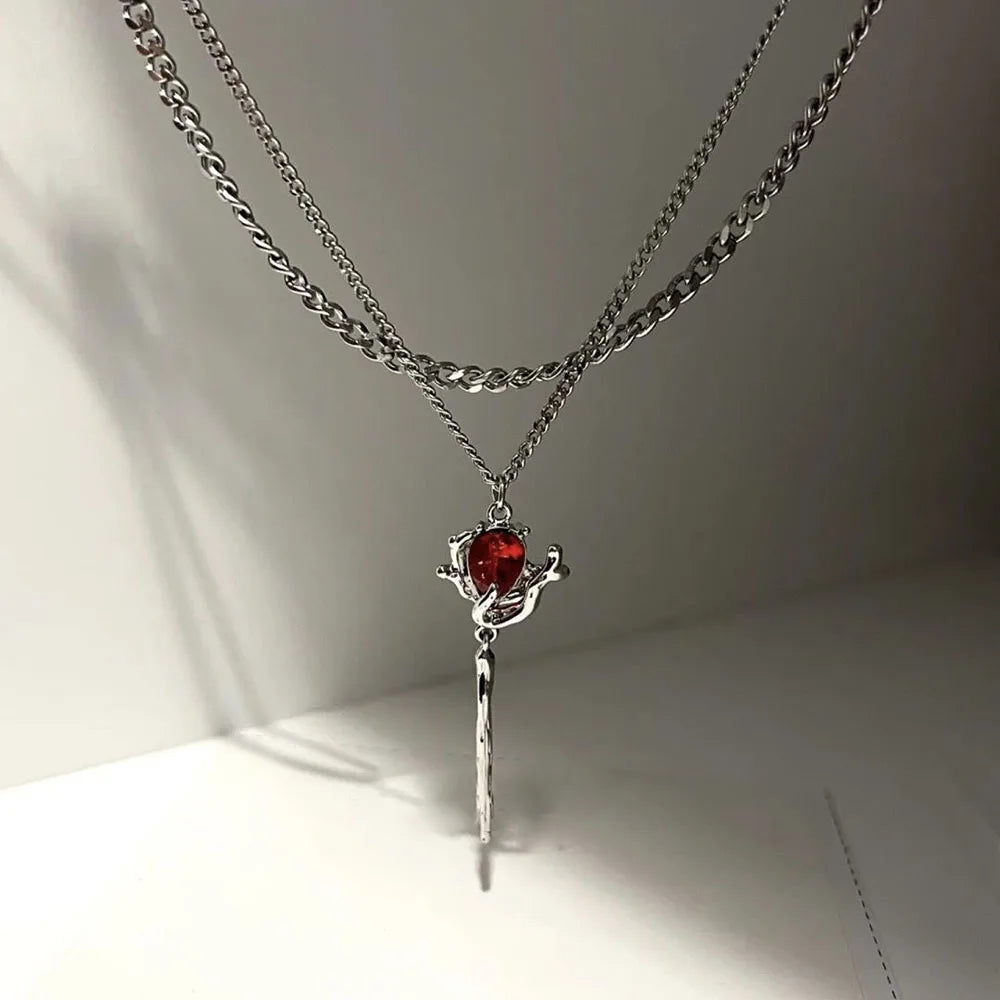 Y2K Accessories Fashion Red Crystal Heart Pendant Necklace Chian Egirl Sweet Cool Clavicle Chain Aesthetic Jewelry N0457