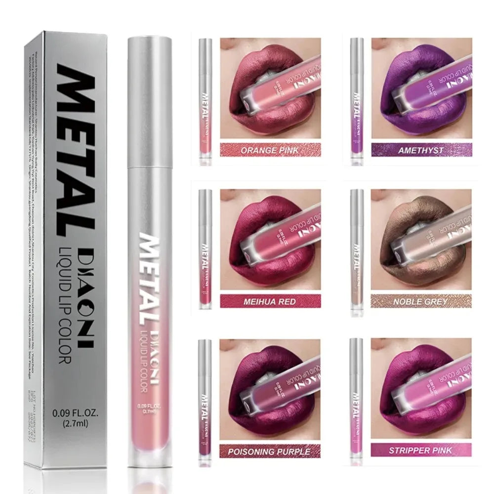 12 Color Diamond Metallic Shine Liquid Lipstick Pearlescent Waterproof Glitter Lip Gloss Smudge Proof Glamorous Lip Makeup
