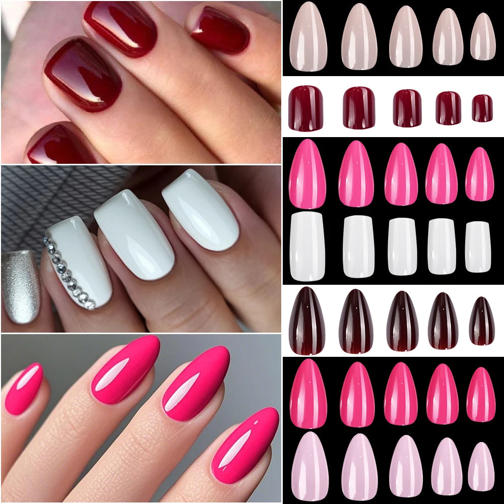 120/100Pcs Almond Fake Nails Extension Wearable Full Cover False Nail Solid Color Mid-length Stiletto/Square Press on Nails