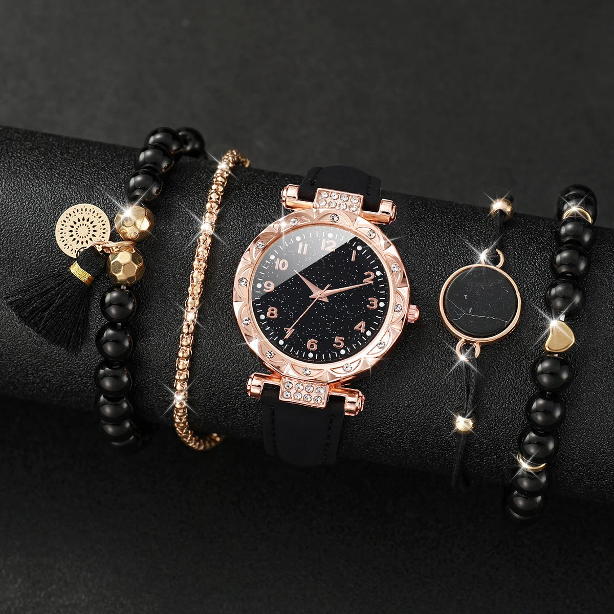 5PCS/Set Women's Watch Fashion Rhinestone Leather Band Quartz Watch Beads Bracelets Set(Without Box)