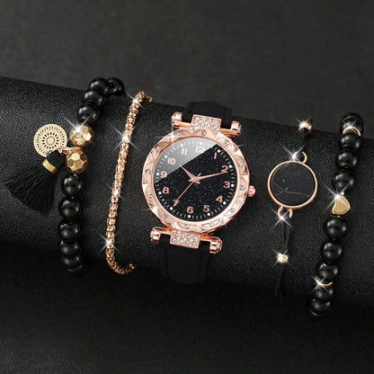 5PCS/Set Women's Watch Fashion Rhinestone Leather Band Quartz Watch Beads Bracelets Set(Without Box)