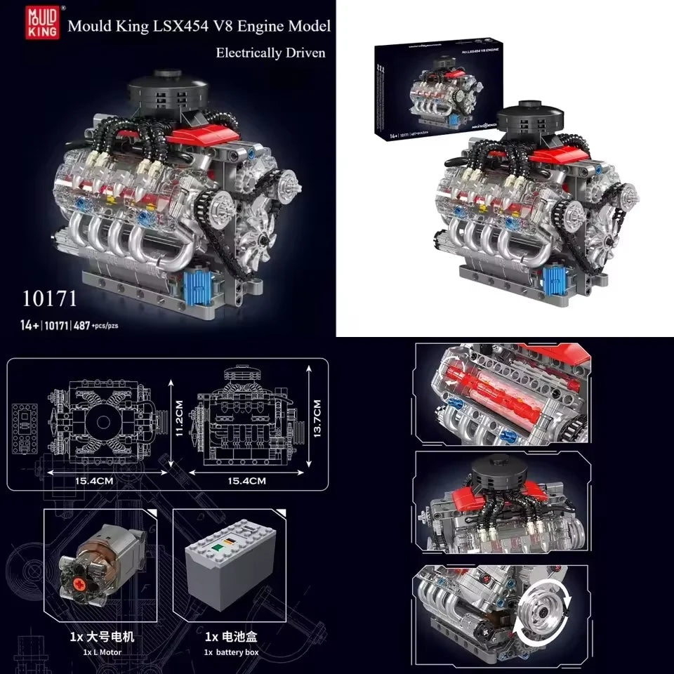 Mould King LSX454 V8 V12 W12 Engine Motorized Simulation Model Electrically Drive Building Blocks Technical Car Parts Toys Gift