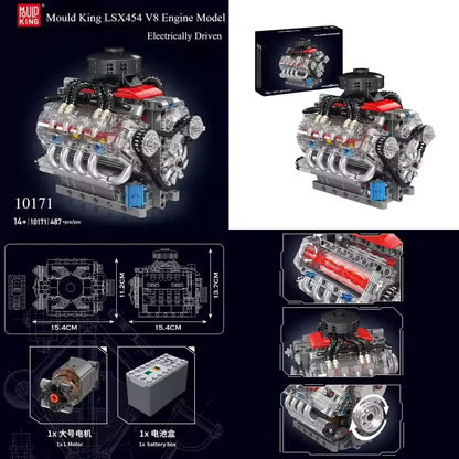 Mould King LSX454 V8 V12 W12 Engine Motorized Simulation Model Electrically Drive Building Blocks Technical Car Parts Toys Gift