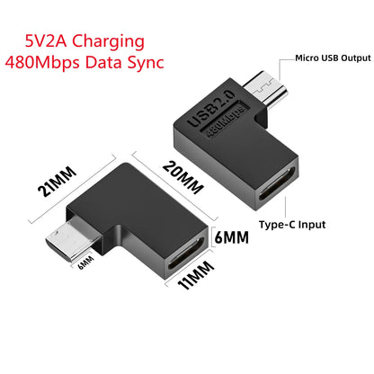 USB 2.0 Type-C Female To Micro-USB Male 90 Degree Left/Right Angle U Shape 5V2A Charging Connector for Android Phone Tablets