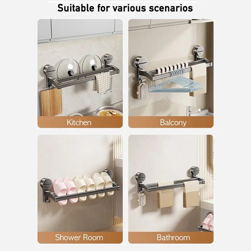 Bathroom Towel Holder without Drilling Hole Suction Cup Wall Mount Two Bar Hand Towel Rack Kitchen Shower Bath Room Towel Shelf